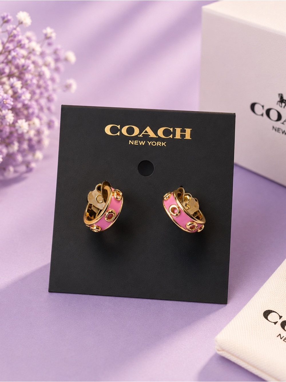 COACH Pink and Gold Enamel Hoop Stud Earrings